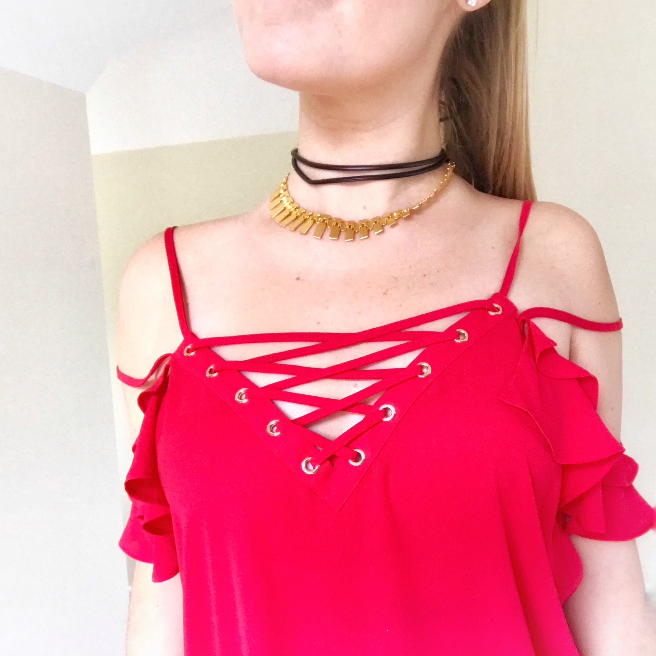Red Cold Shoulder top with Gold Choker - a perfect Vegas outfit