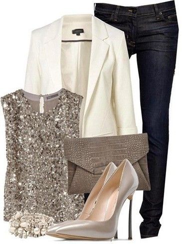 A sequin top, white jacket, and dark denim jeans