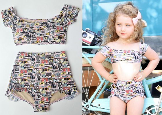 Matching mother-daughter bathing suits. 2-piece swimsuit with retro camera prints.